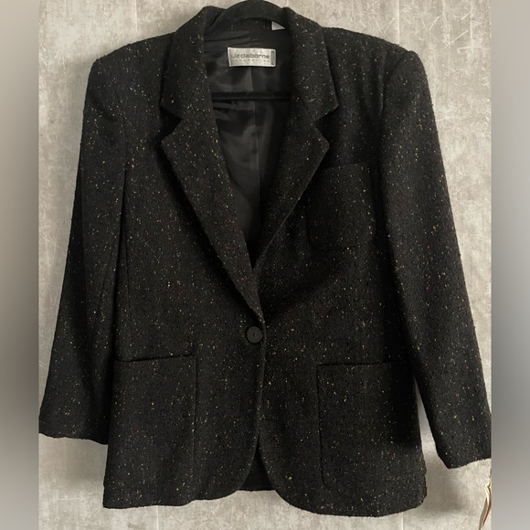 Vintage Liz Claiborne Black Speckled Pocketed Wool Tweed Blazer Petite Size 2 - Picture 1 of 7